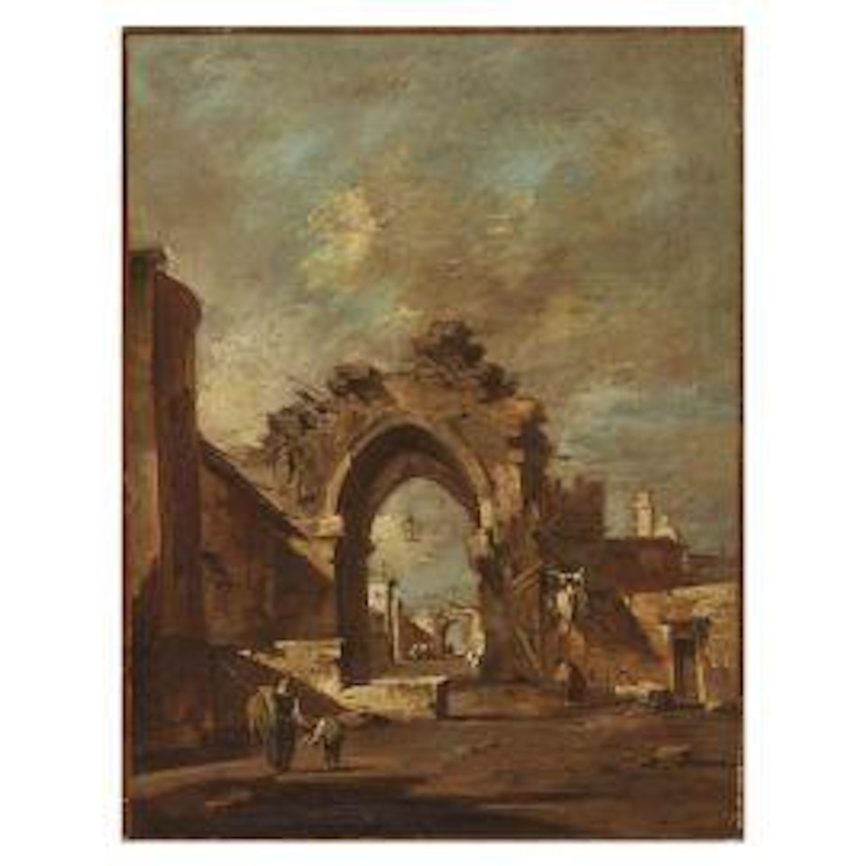 CAPRICCIO WITH A RUINED ARCH AND WALLS OF A VILLAGE by Francesco Guardi