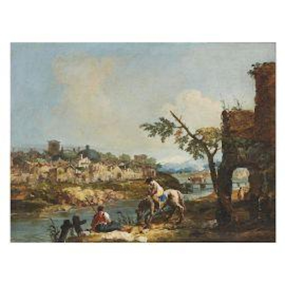 FANTASTIC LANDSCAPE WITH A VILLAGE ON THE RIVER LANDSCAPE WITH A HORSEMAN AT THE WADE by Michele Marieschi