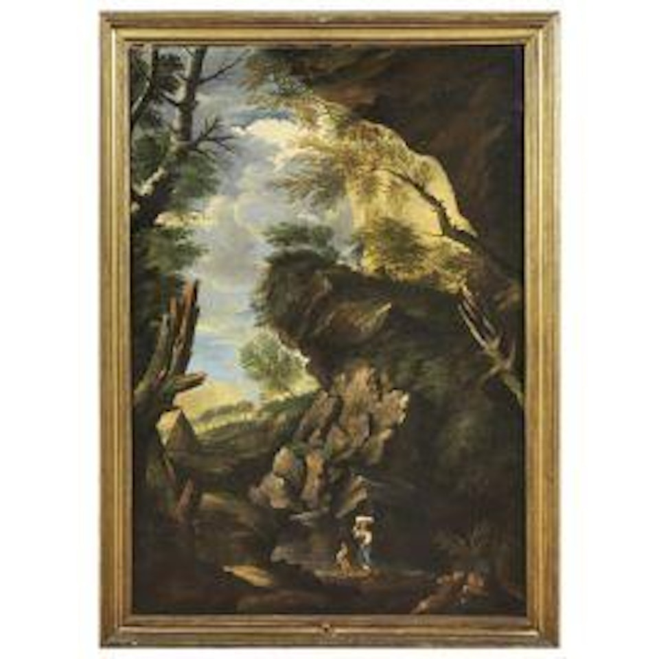 LANDSCAPE WITH FIGURES AT A RIVER LANDSCAPE WITH WOMAN AND CHILD by Roman School