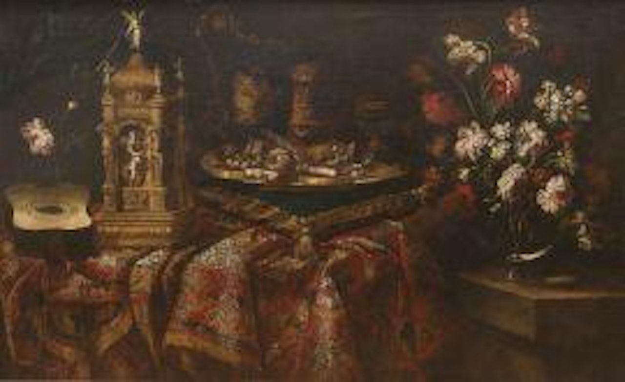 CLOCK, GUITAR AND A PLATE OF SWEETS ON A CARPET, AND FLOWERS IN A VASE by Roman School