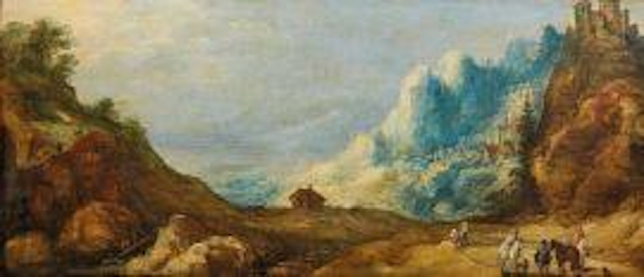 A MOUNTAIN LANDSCAPE WITH CASTLE AND WAYFARERS by Joos de Momper the Younger