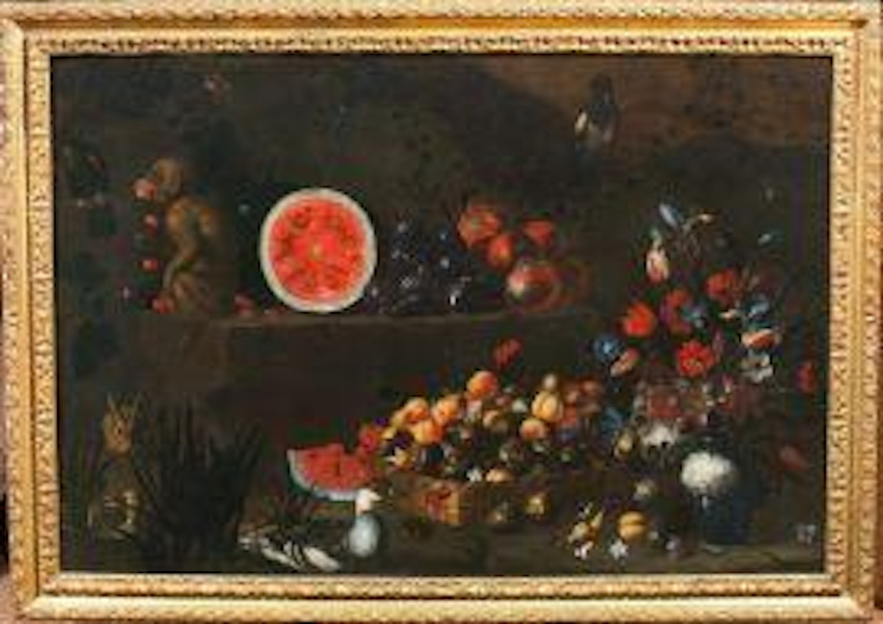 A STILL LIFE OF FRUIT WITH A VASE OF FLOWERS AND ANIMALS by Giuseppe Recco