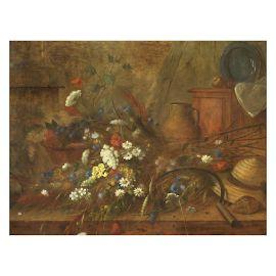 LL LIFE WITH WILD FLOWERS AND STRAW HAT by Italian School