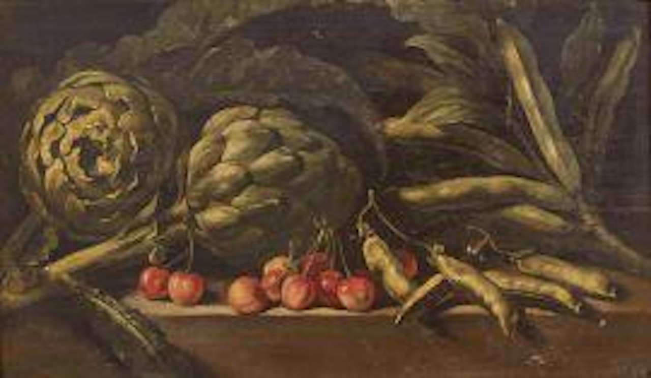 ARTICHOKES, PEAS AND CHERRIES ON A PLANE by Roman School