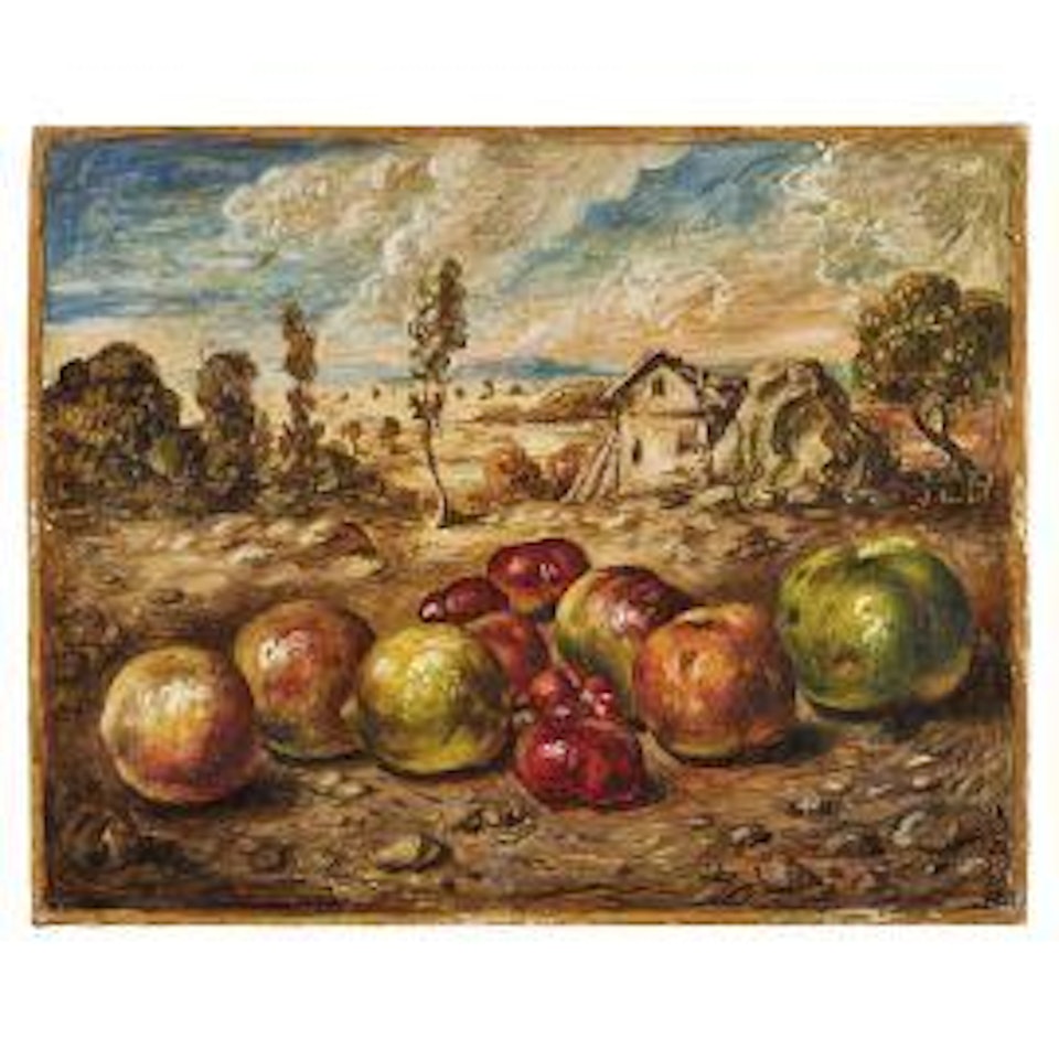 Silent life of fruit in a country by Giorgio de Chirico