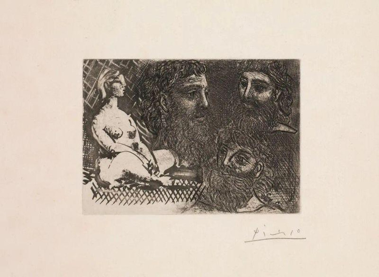 FEMME NUE ASSISE ET TROIS T BARBUES by Pablo Picasso