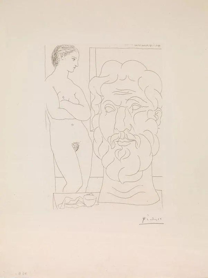 MODÈLE ET GRANDE TÊTE SCULPTÉE by Pablo Picasso