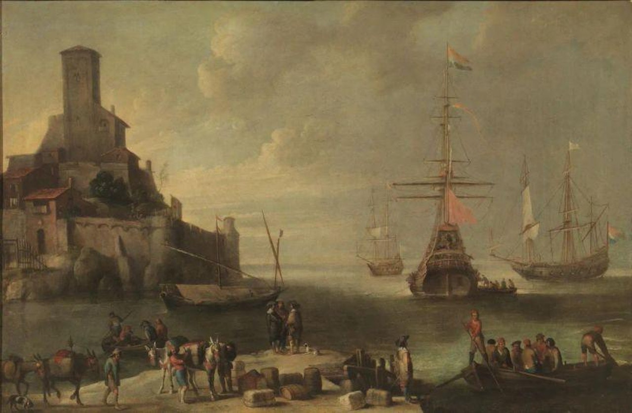 View of Port with Galea and Dutch sailing ships by Cornelis de Wael