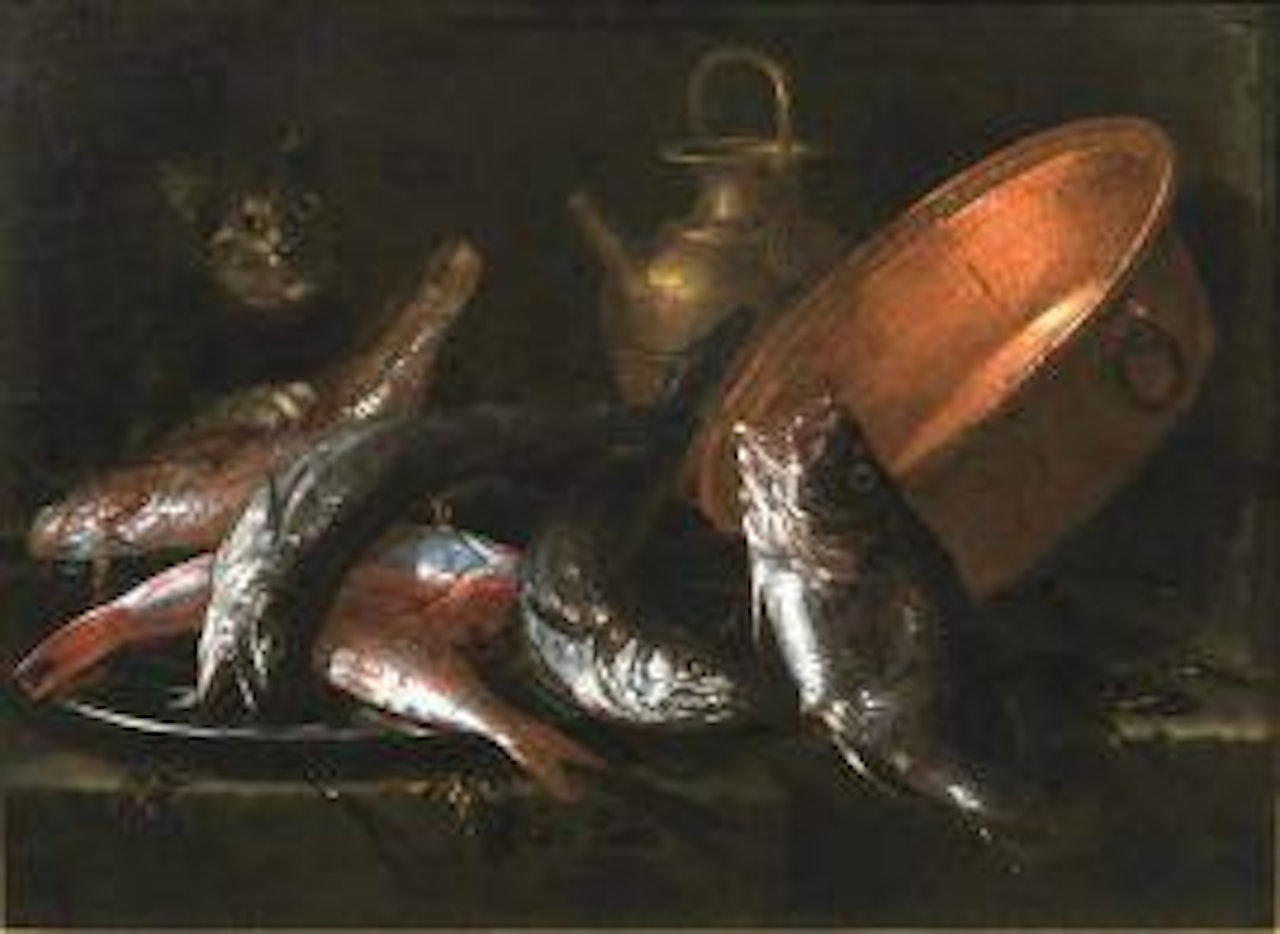 Fish, copper containers and a cat on a stone surface by Giuseppe Recco