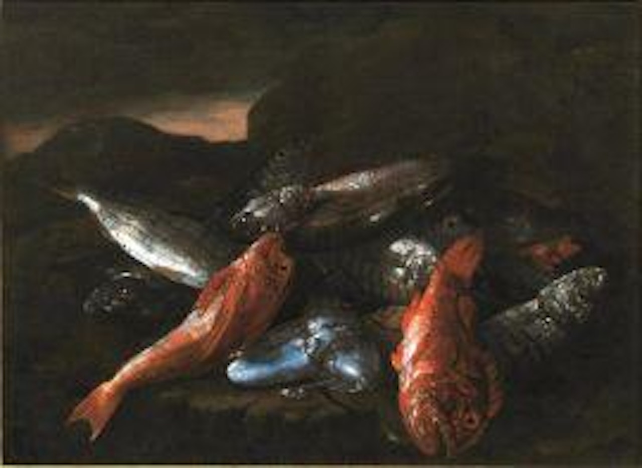 Dead nature with fish and cuttlefish in a landscape by Giuseppe Recco