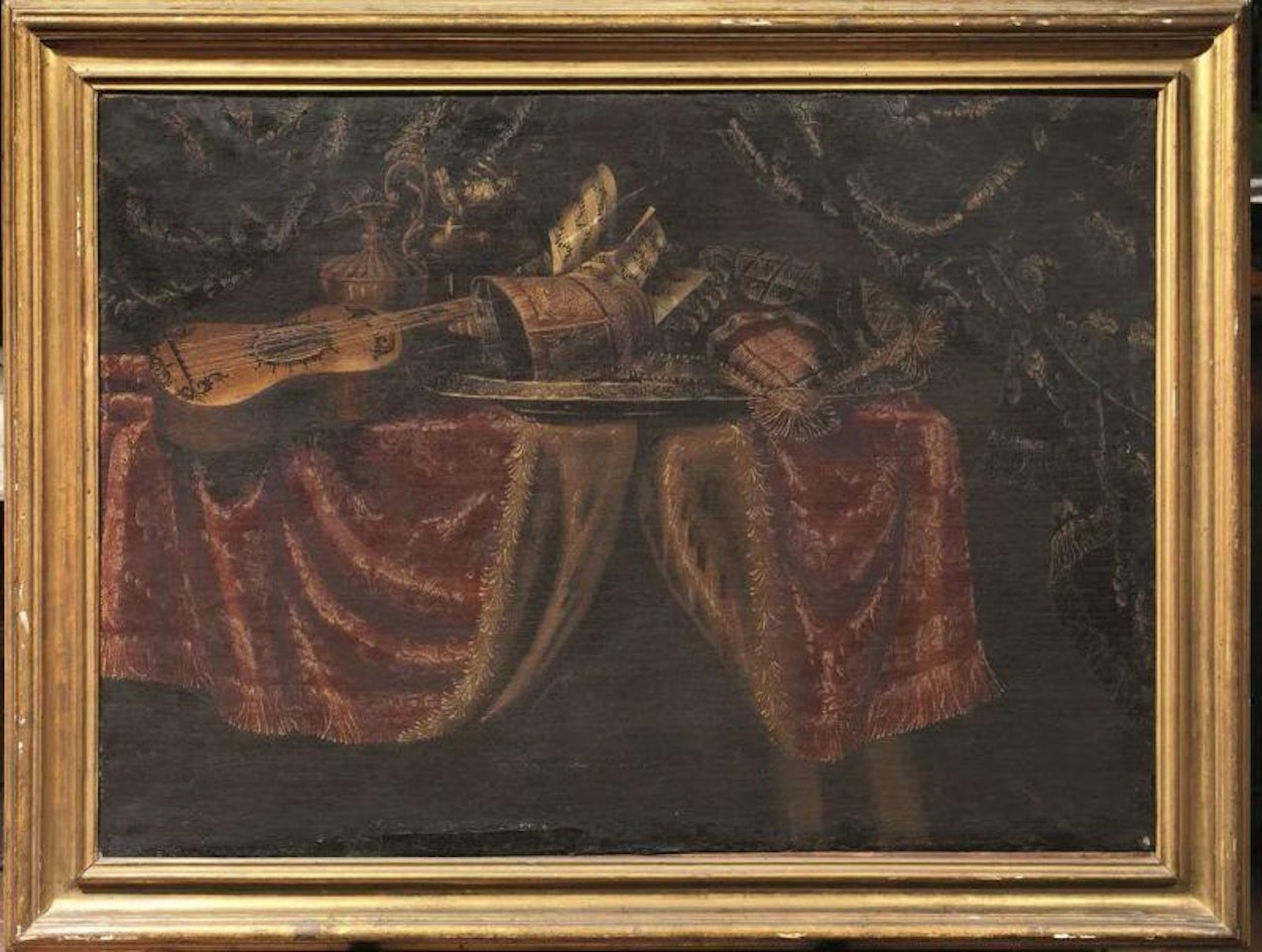 STILL LIFE WITH RED DRAPET AND MUSICAL INSTRUMENTS by Roman School