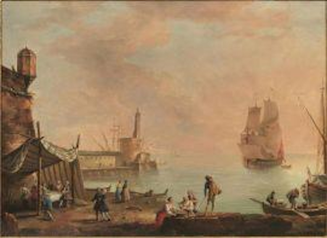 Coastal landscape with sailing ship and fishing boats by Claude Joseph Vernet
