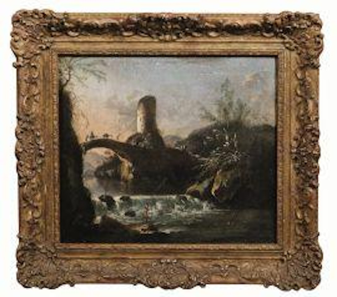 LAKE LANDSCAPE WITH FIGURES LANDSCAPE WITH BRIDGE AND FISHERMAN by Venetian School