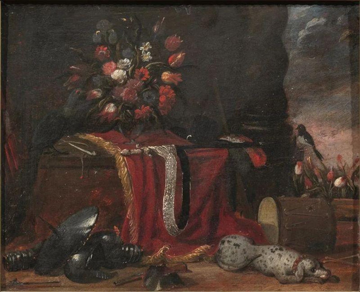VASE OF FLOWERS ON RED DRESS, WITH DOG, BIRDS AND WEAPONS PLACED by Flemish School
