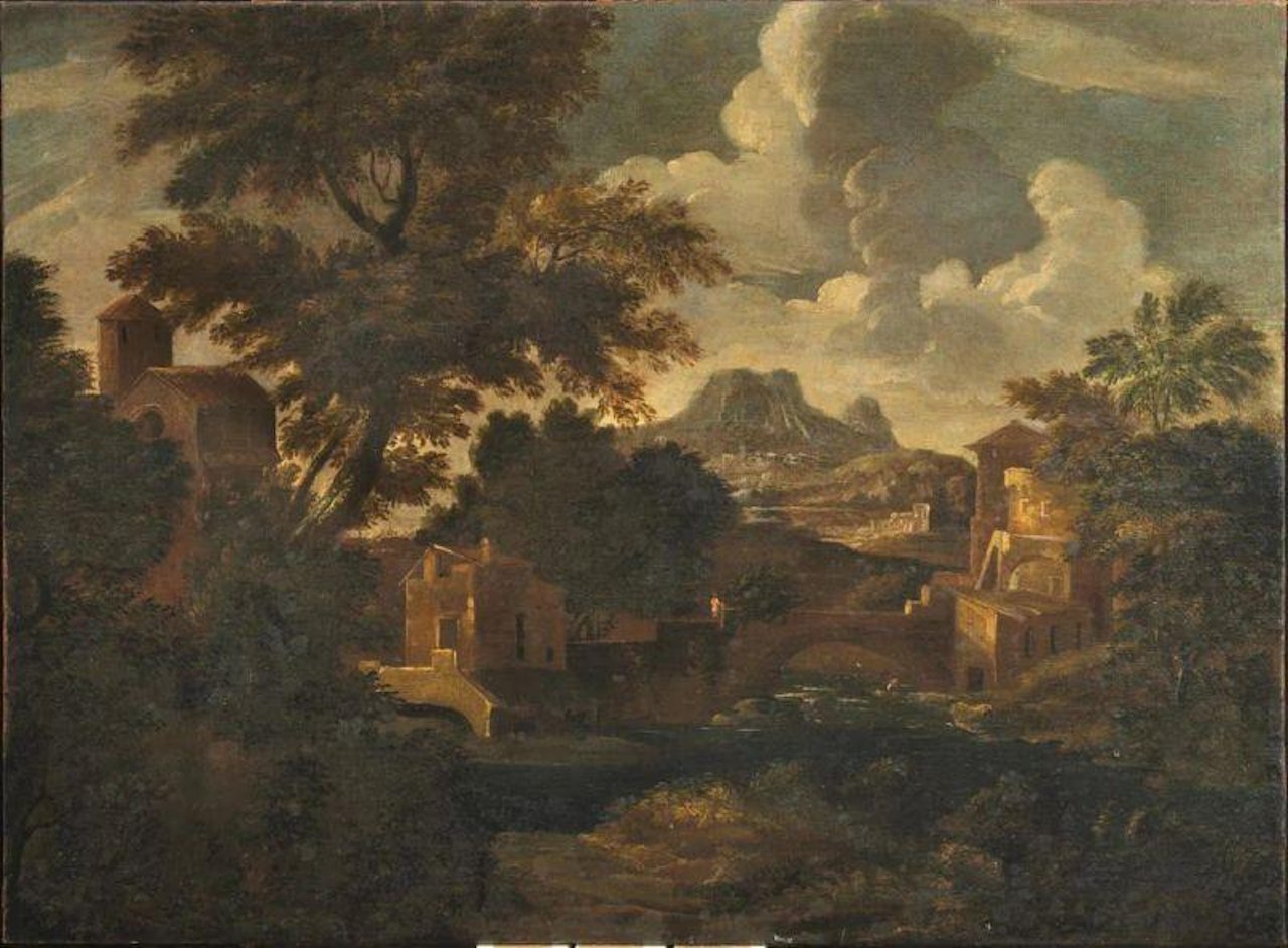 LANDSCAPE WITH SMALL VILLAGE AND BRIDGE by Venetian School