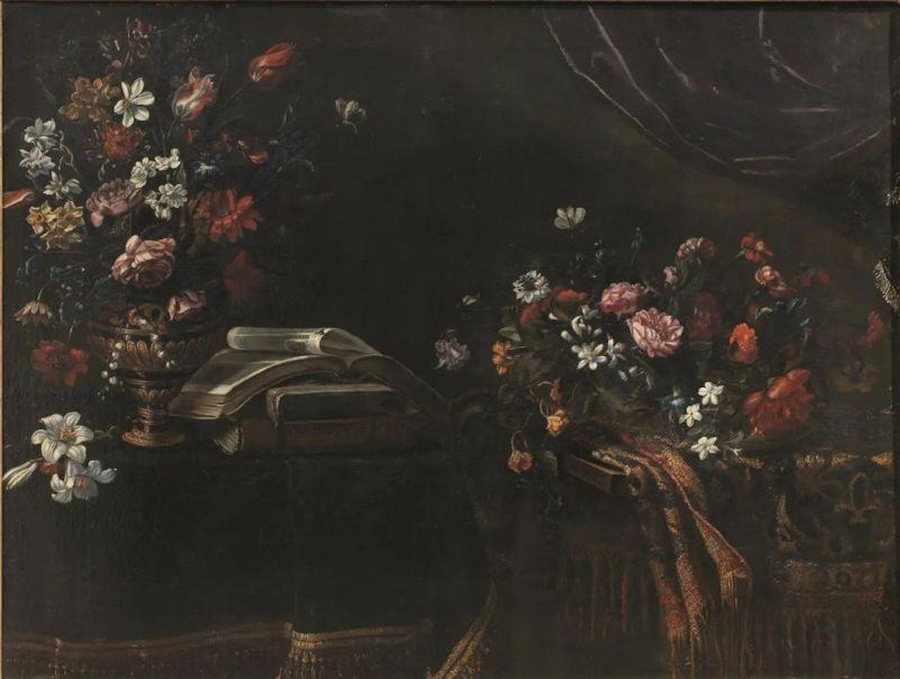 STILL LIFE WITH FLOWER VASE, BOOKS AND CARPET by Roman School