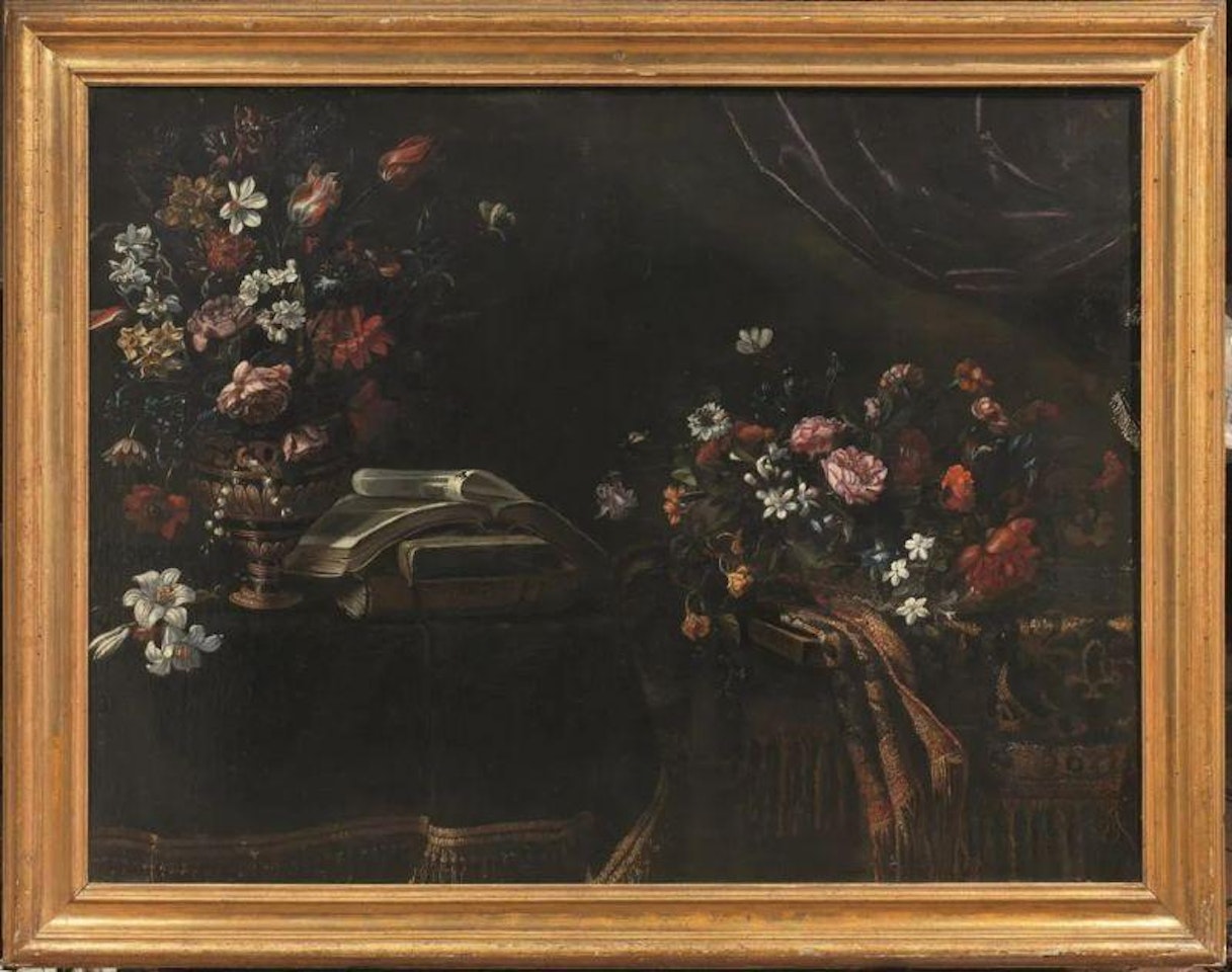 STILL LIFE WITH FLOWER VASE, BOOKS AND CARPET by Roman School