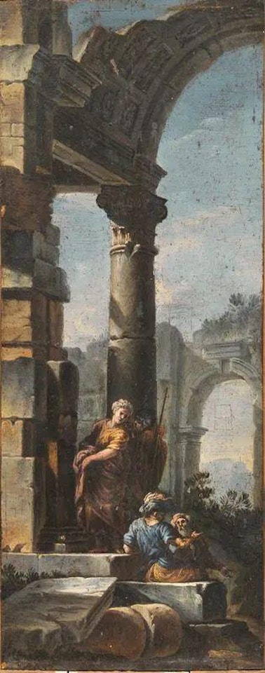 GLIMPSE OF ARCHITECTURAL RUINS WITH FIGURES by Roman School
