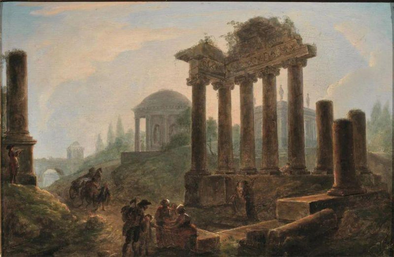 LANDSCAPE WITH ARCHITECTURAL RUINS AND FIGURES by Flemish School