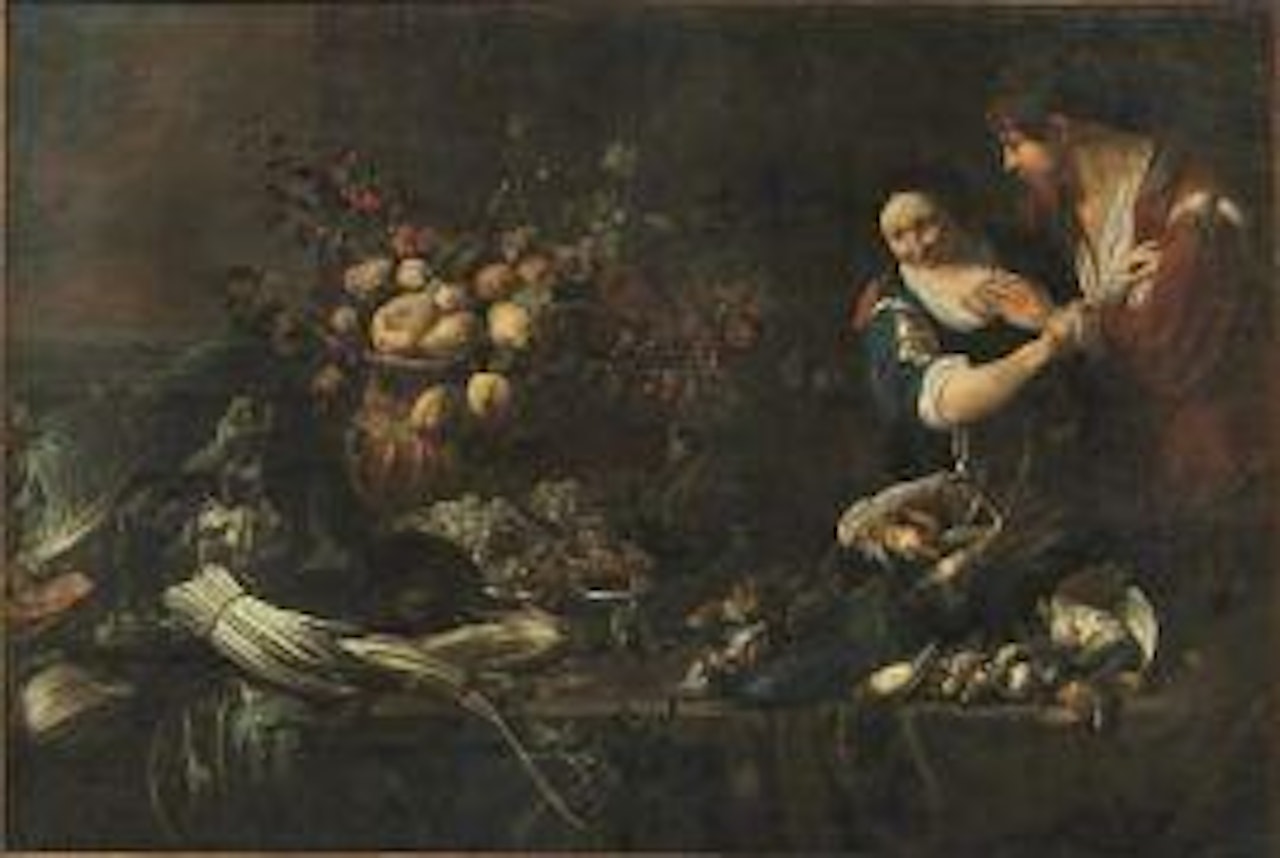 KITCHEN INTERIOR WITH FRUITS, VEGETABLES, GAME AND LOVERS by Adriaen van Utrecht