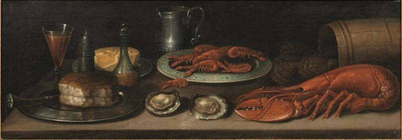 STILL LIFE WITH SHELLFISH, OYSTERS, METALLIC PLATE WITH BREAD, GLASS AND MUG by Flemish School