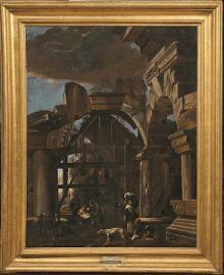 ROMAN RUINS WITH ADORATION OF THE SHEPHERDS; VIEW OF THE ARCH OF TITO WITH KNIGHTS STAYING by Viviano Codazzi