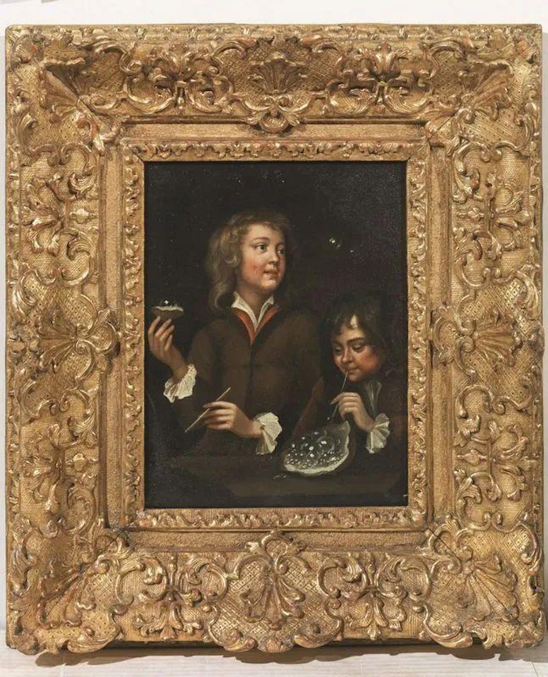 INTERIOR WITH YOUNG PEOPLE PLAYING WITH SOAP BUBBLES by Flemish School