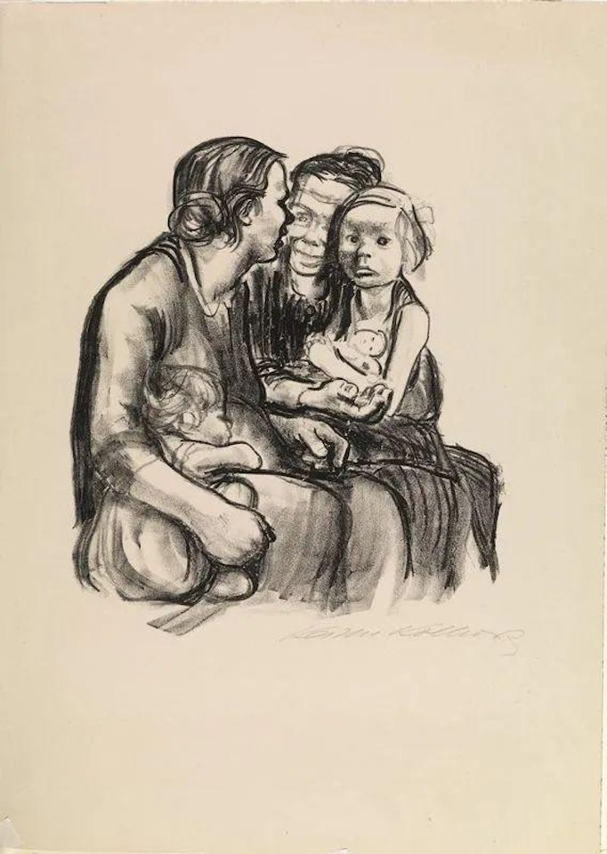 Zwei Schwatzende Frauen Mit Kindern. by Kathe Kollwitz