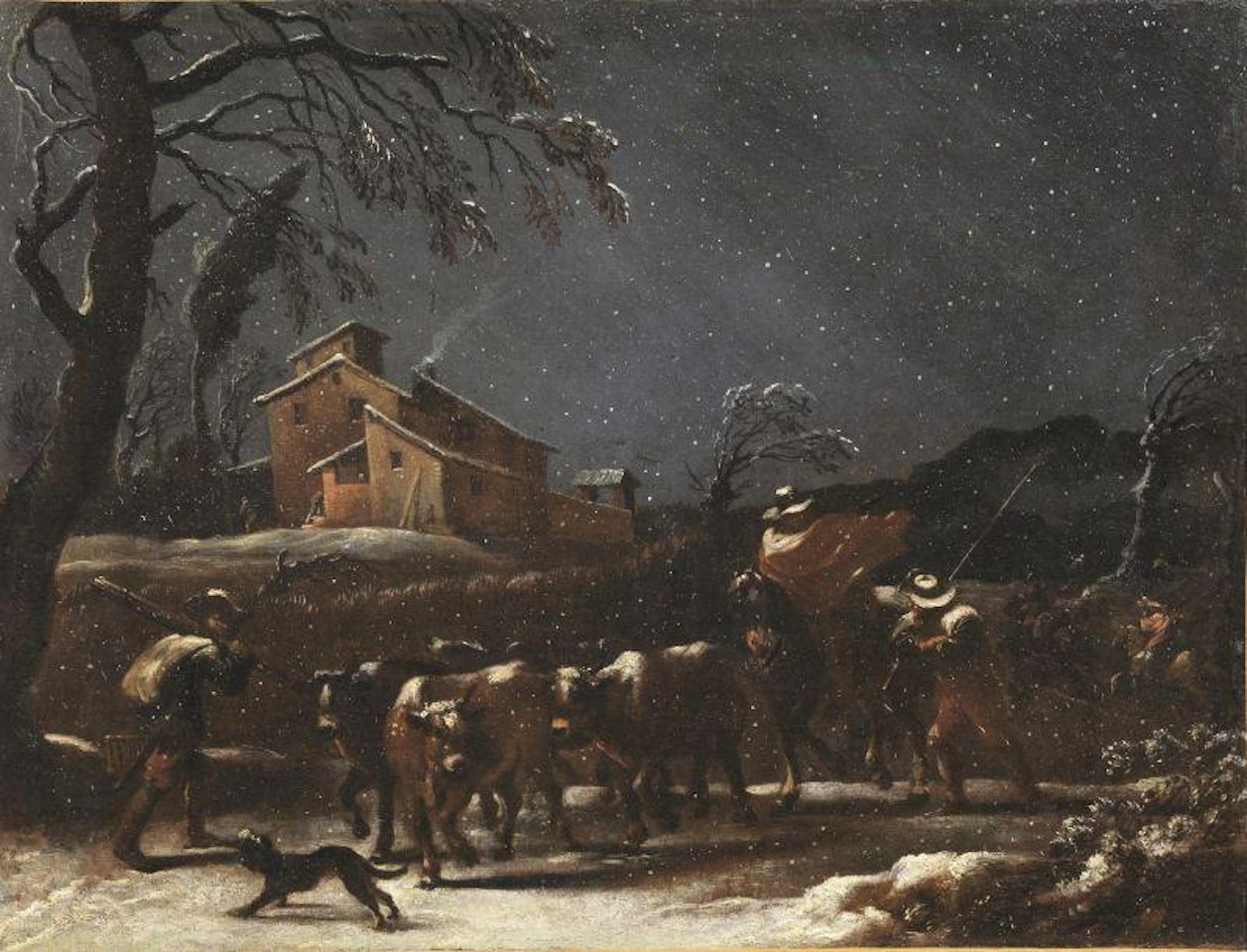 SNOWY LANDSCAPE WITH SHEPHERDS AND HERD by Italian School