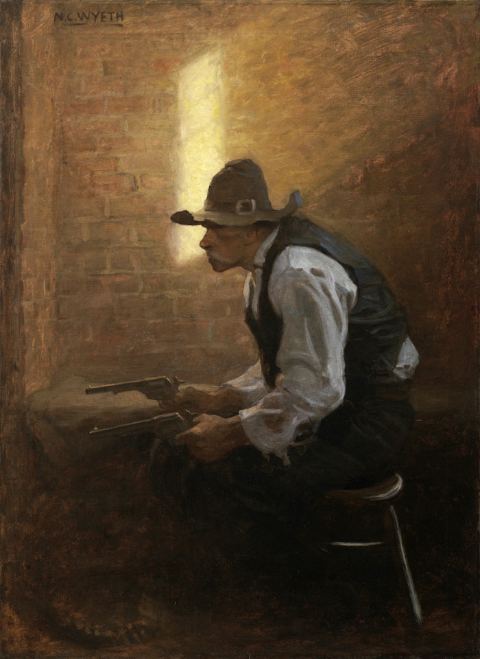 "Who"s afraid of his guns?" shouted McFarlane. "He daren"t shoot in a square fight!" (Colts 45) by Newell Convers Wyeth