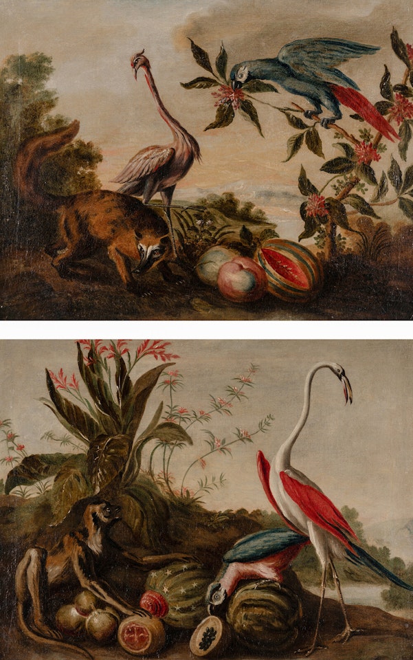 Landscape with a Monkey, Parrot and Flamingo; Landscape with a Parrot, Flamingo and Coati (a pair of paintings) by Flemish School