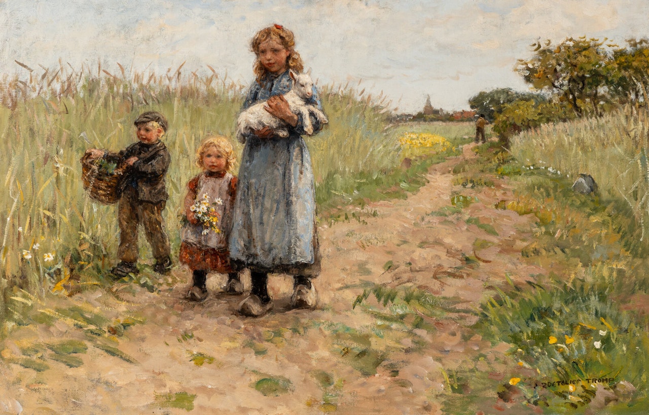 Children walking with a lamb near Blaricum by Jan Zoetelief Tromp