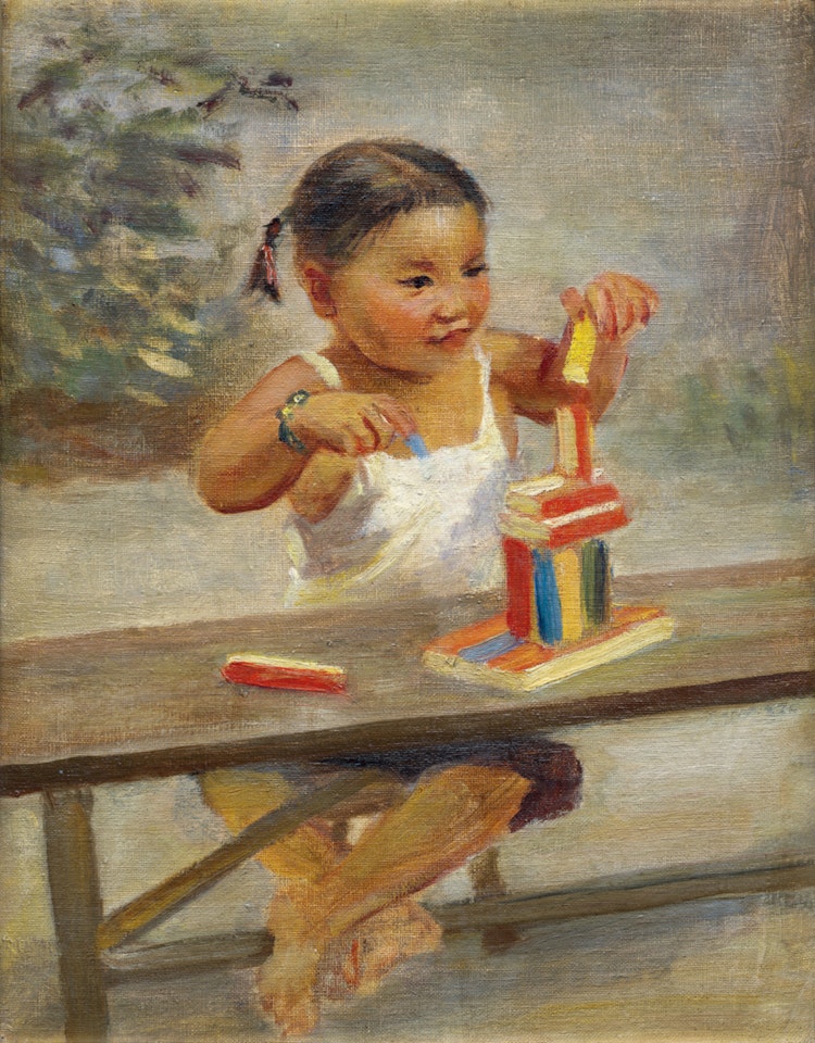 Little Girl Playing with Building Blocks by Qin Xuanfu