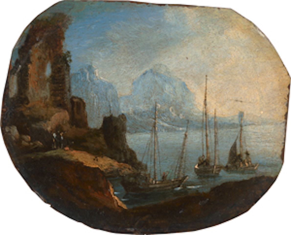 Küstenlandschaft mit drei Segelschiffen by Dutch School