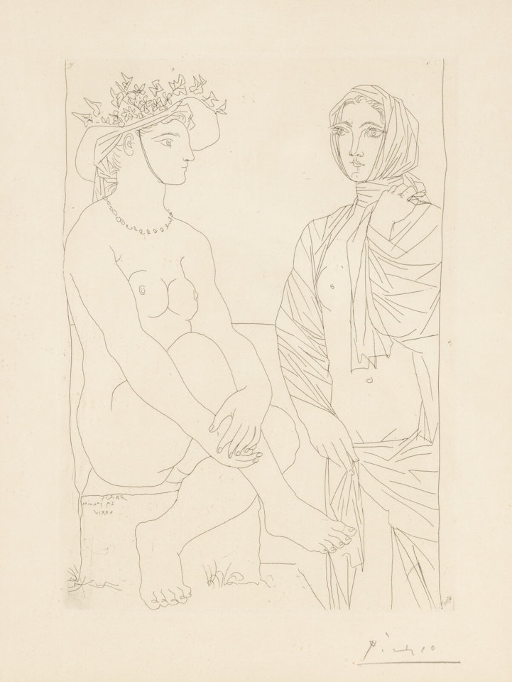 Femme assise au chapeau et femme debout drapée (from La Suite Vollard) by Pablo Picasso