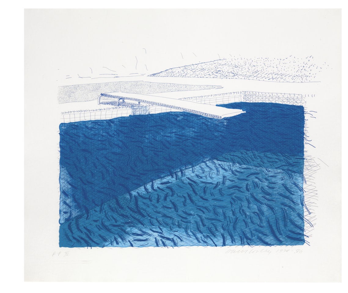 Lithograph of Water made of lines, crayon, and two blue washes without green wash by David Hockney