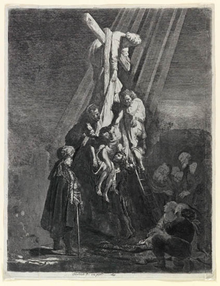 The Descent from the Cross: Second Plate [Bartsch 81; Biörklund 33center; Hollstein (White and Boon) 81] by Attributed to Rembrandt Harmensz van Rijn