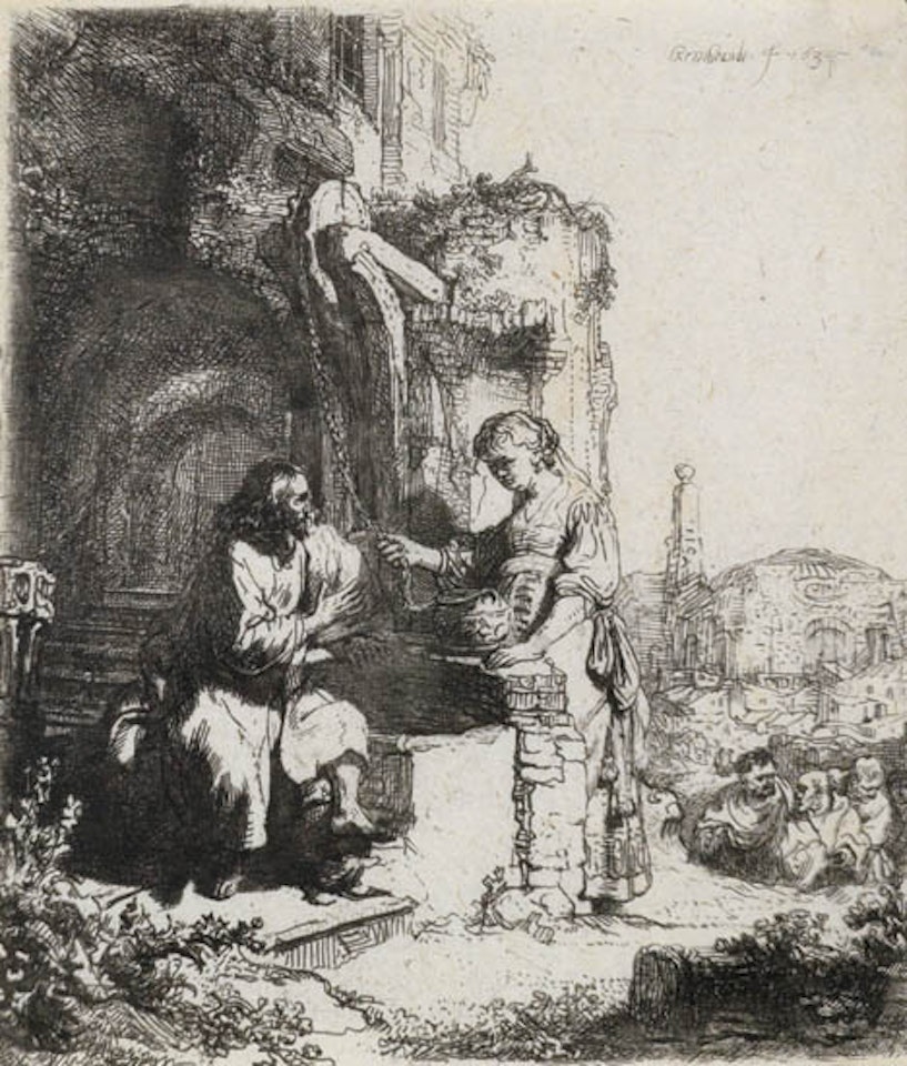 Christ and the Woman of Samaria among Ruins [Bartsch 71; Biörklund 34label; Hollstein (White and Boon) 71.] by Attributed to Rembrandt Harmensz van Rijn