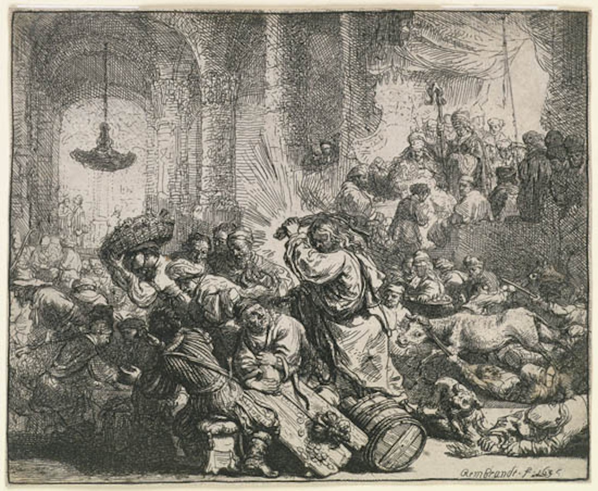 Christ Driving the Money Changers from the Temple [Bartsch 69; Biörklund 35-B; Hollstein (White and Boon) 69.] by Attributed to Rembrandt Harmensz van Rijn
