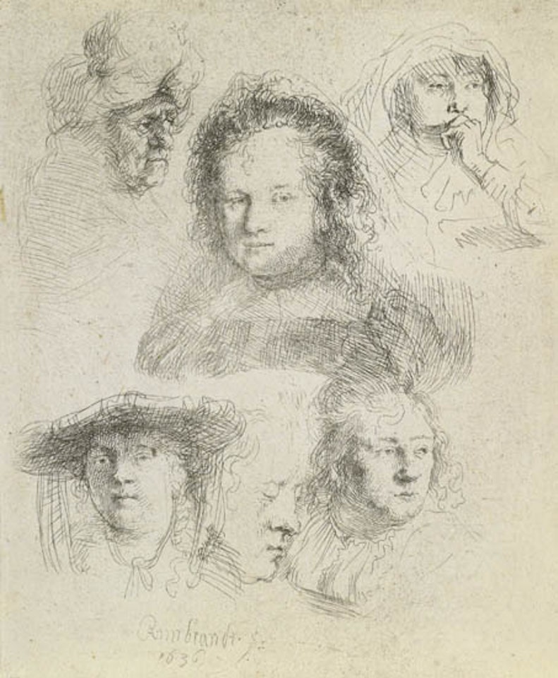 Sheet of Studies: Head of Saskia and Others [Bartsch 365; Biörklund 36-B; Hollstein (White and Boon) 365.] by Attributed to Rembrandt Harmensz van Rijn