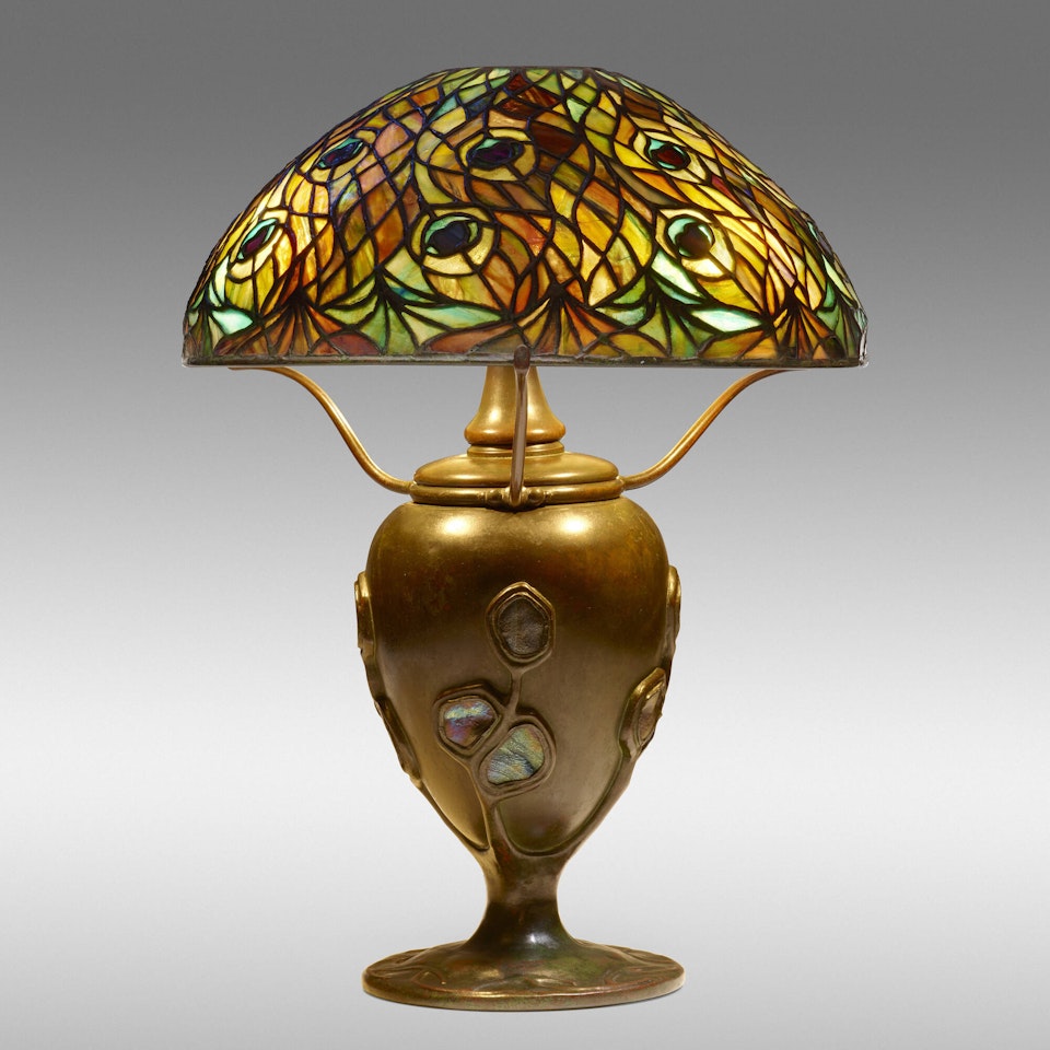 Rare Peacock table lamp with Turtleback base by Tiffany Studios