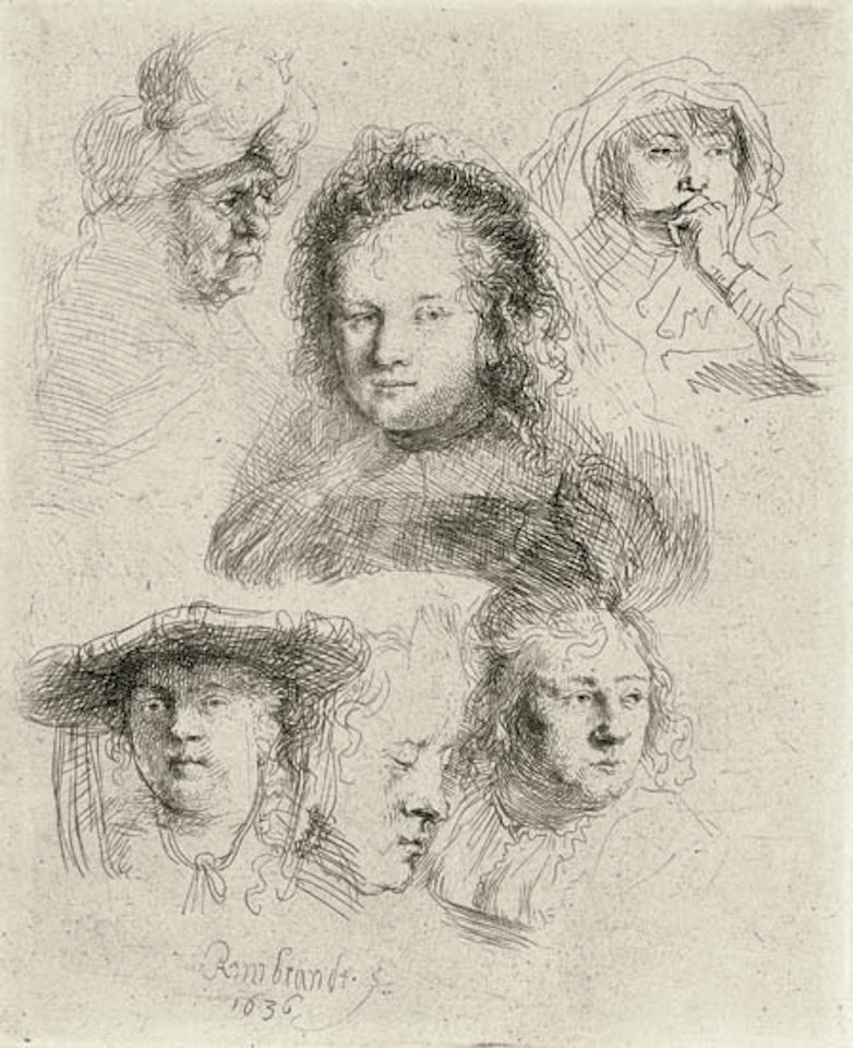 Sheet of Studies: Head of Saskia and Others [ Bartsch 365; Biörklund 36-B; Hollstein (White and Boon) 365] by Attributed to Rembrandt Harmensz van Rijn