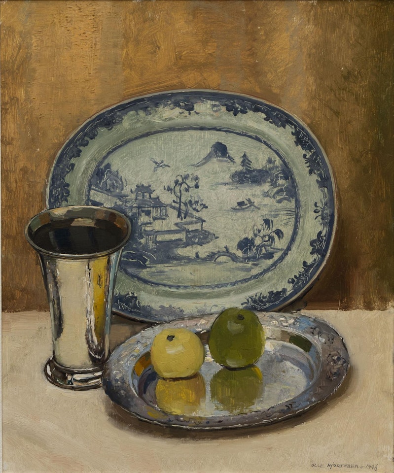 Still Life with Apples, Oriental Plate and Silver Pieces by Olle Hjortzberg