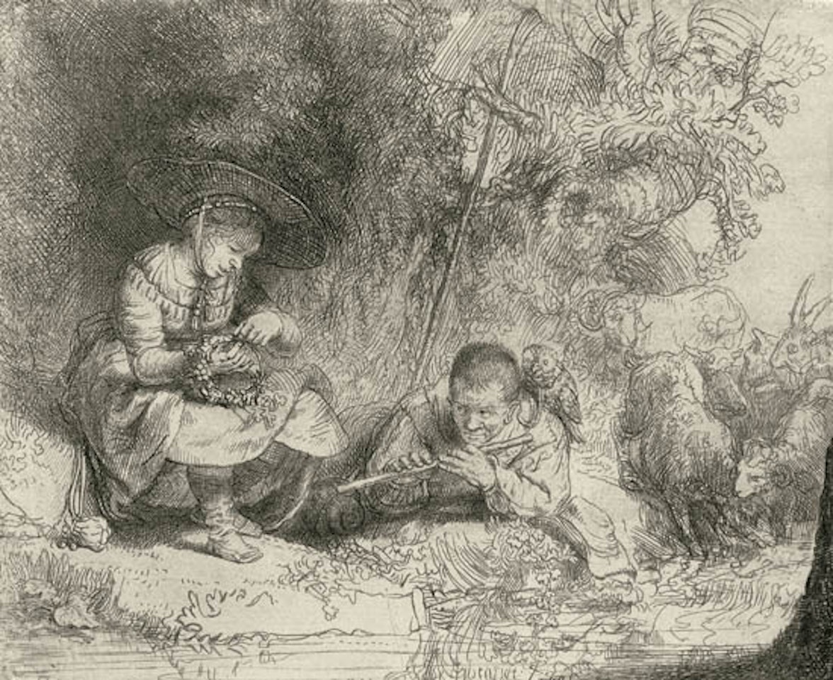 The flute player [Bartsch 188; Biörklund 42-D; Hollstein (White and Boon) 188] by Attributed to Rembrandt Harmensz van Rijn