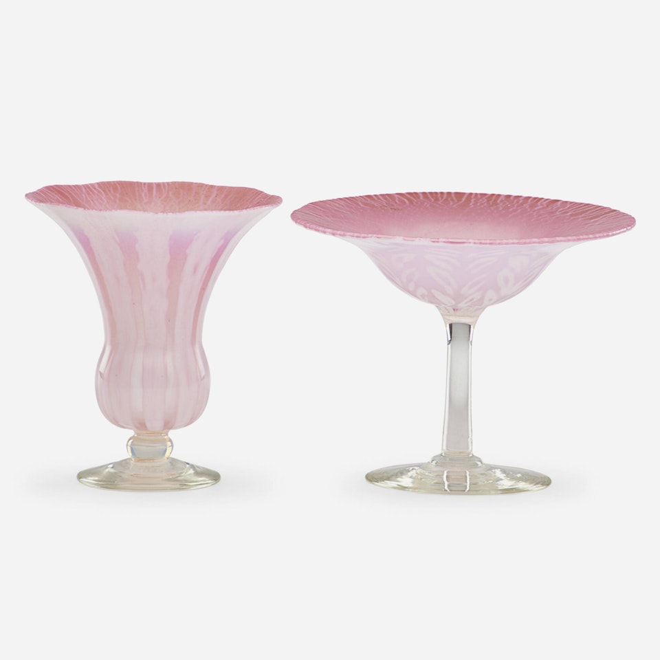 Pink Pastel Favrile compote and flaring vase by Tiffany Studios