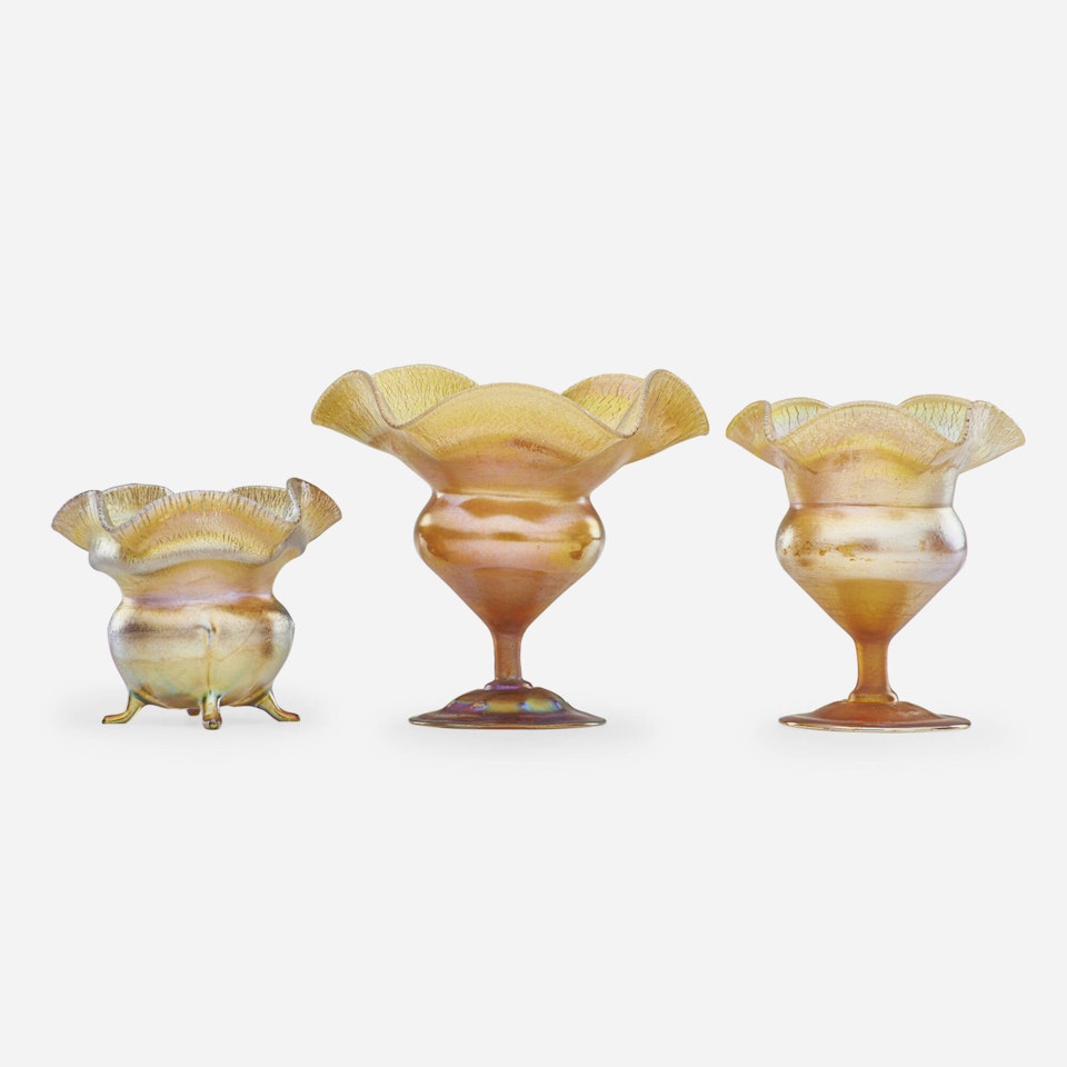 Three ruffled gold Favrile vessels by Tiffany Studios