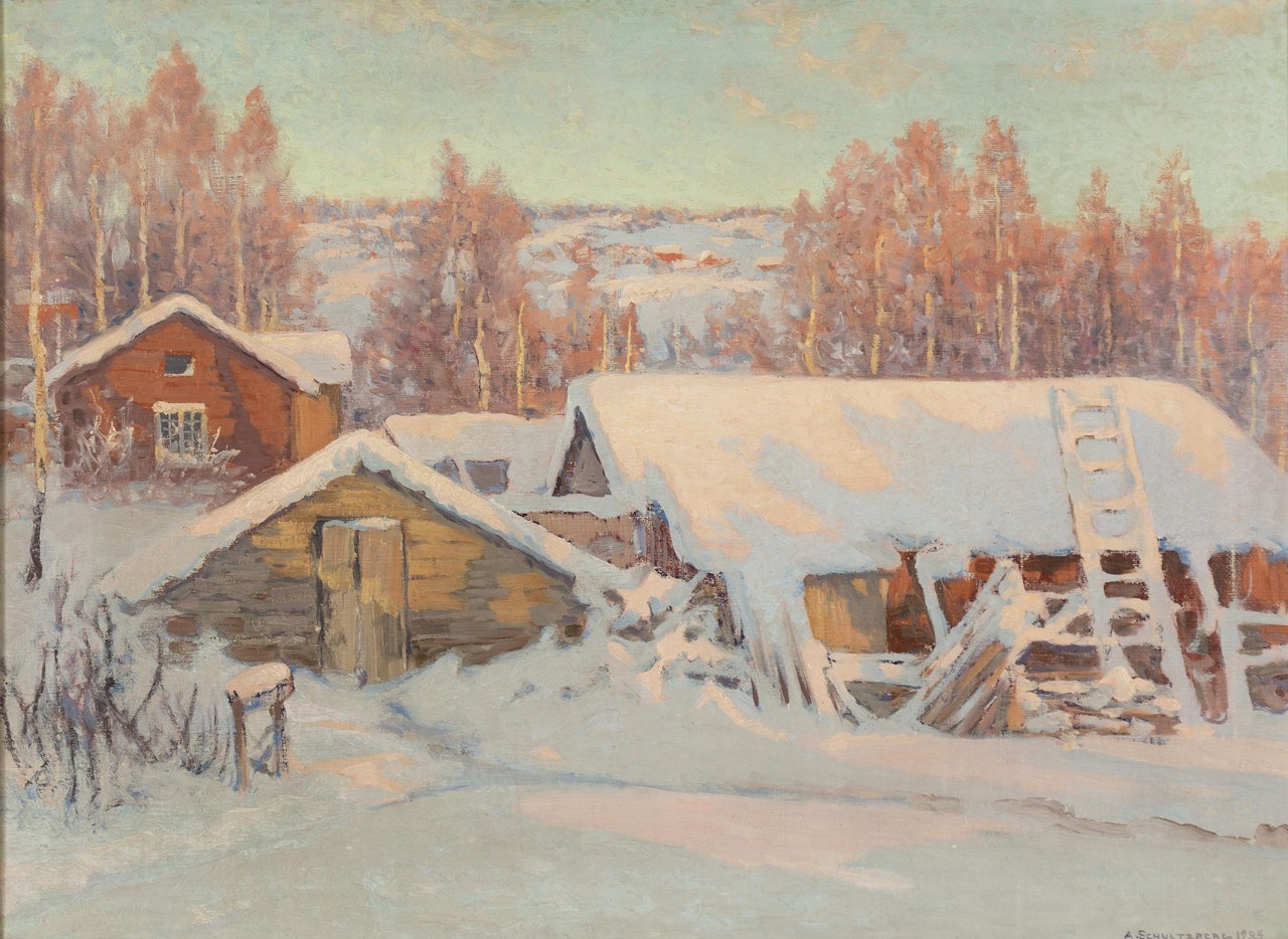 Winter motif with red cottages by Anshelm Schultzberg
