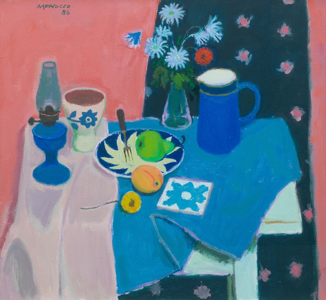 "Still life with wild anemones and sunburst plate" by Alberto Morrocco