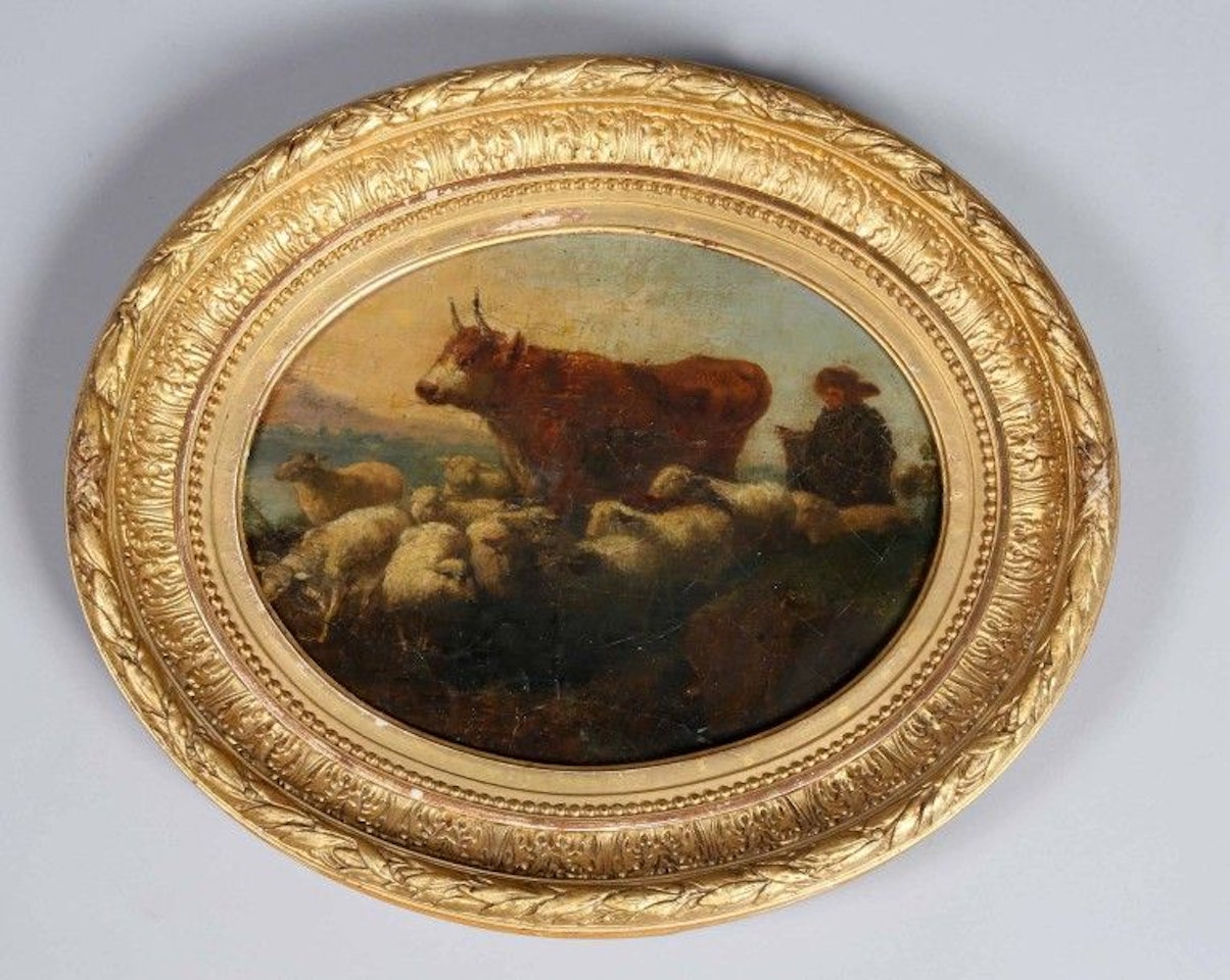 The flock and its shepherd in the evening by Dutch School