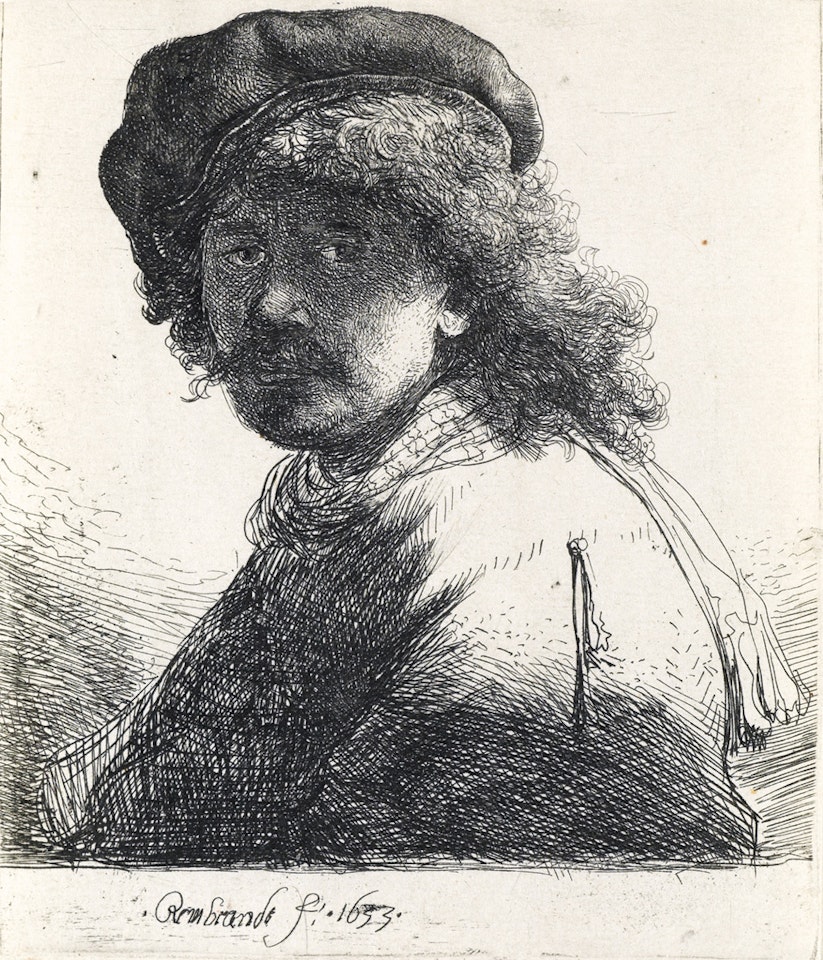 Self Portrait In A Cap And Scarf With The Face Dark: Bust by Attributed to Rembrandt Harmensz van Rijn